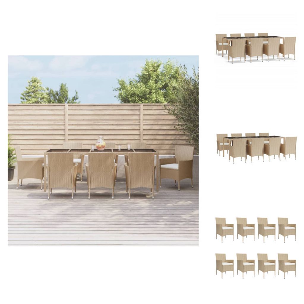 vidaXL 9-tlg. Garten-Essgruppe mit Kissen Beige Poly Rattan - Gartenmöbel-Sets