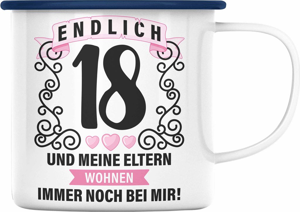 Trendation - 18er Geburtstag Emaille Tasse Geschenk Mädchen Jungen Geschenkidee Lustig Spruch 18 Geschenke Geschenkideen zum 18 Bday 18. (Blau)