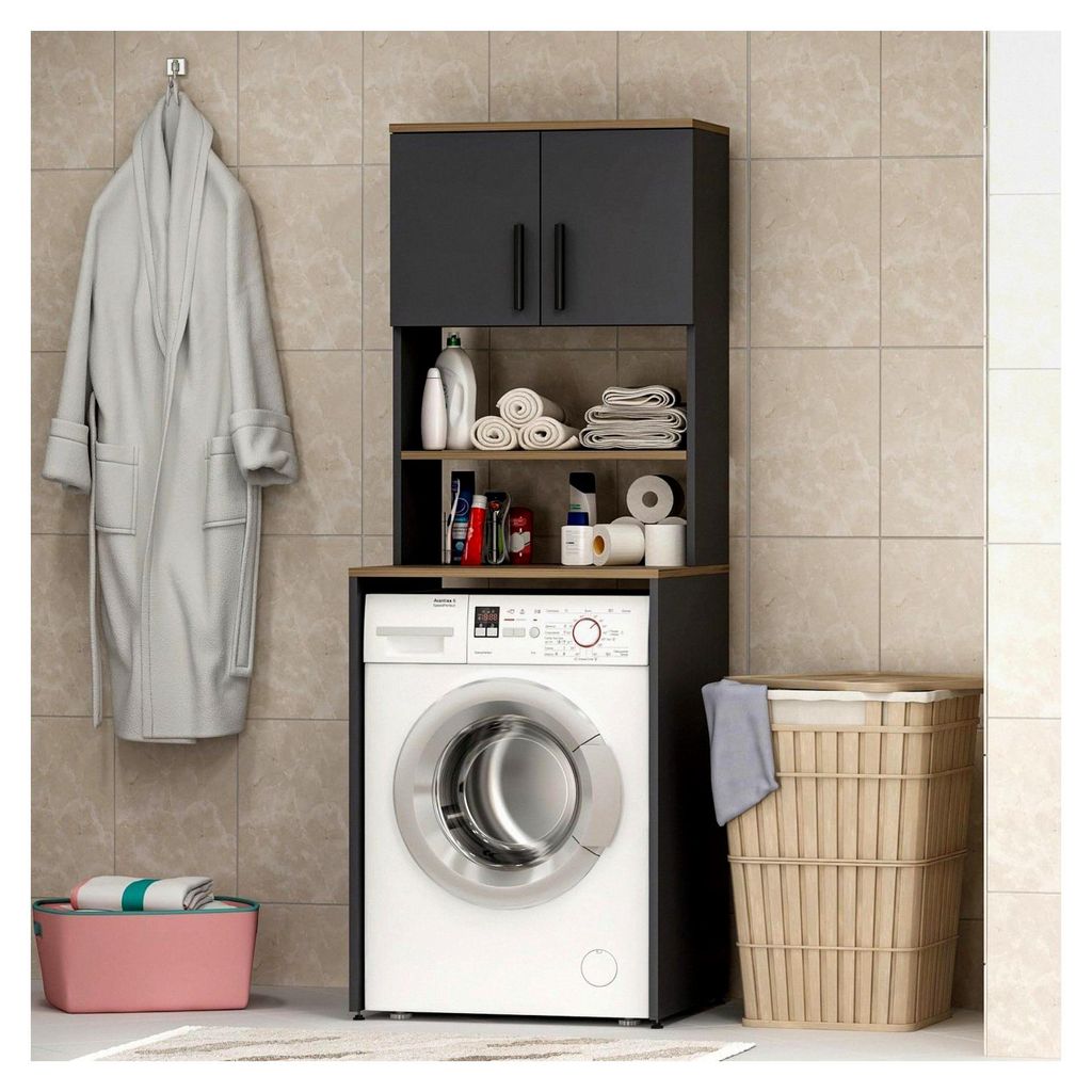 MIA Waschmaschinenschrank - Hochschrank für Waschmaschine und Wäschetrockner für Küche und Badezimmer 182,1 x 65 x 60 cm (Anthrazit/Eiche)