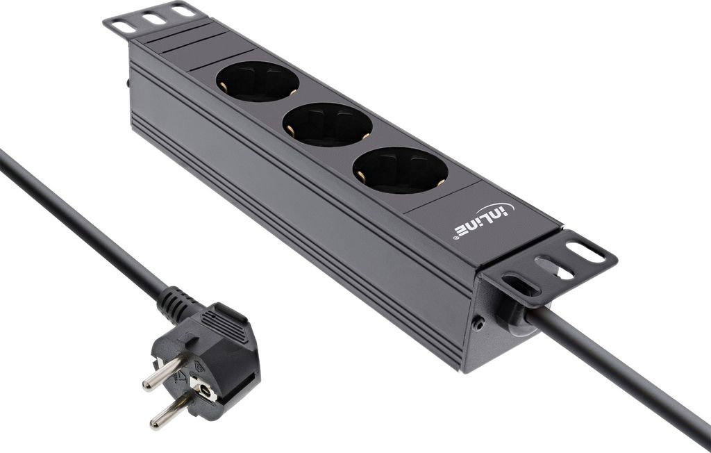 InLine 10" Steckdosenleiste, 3-fach Schutzkontakt, ohne Schalter, 2m, schwarz