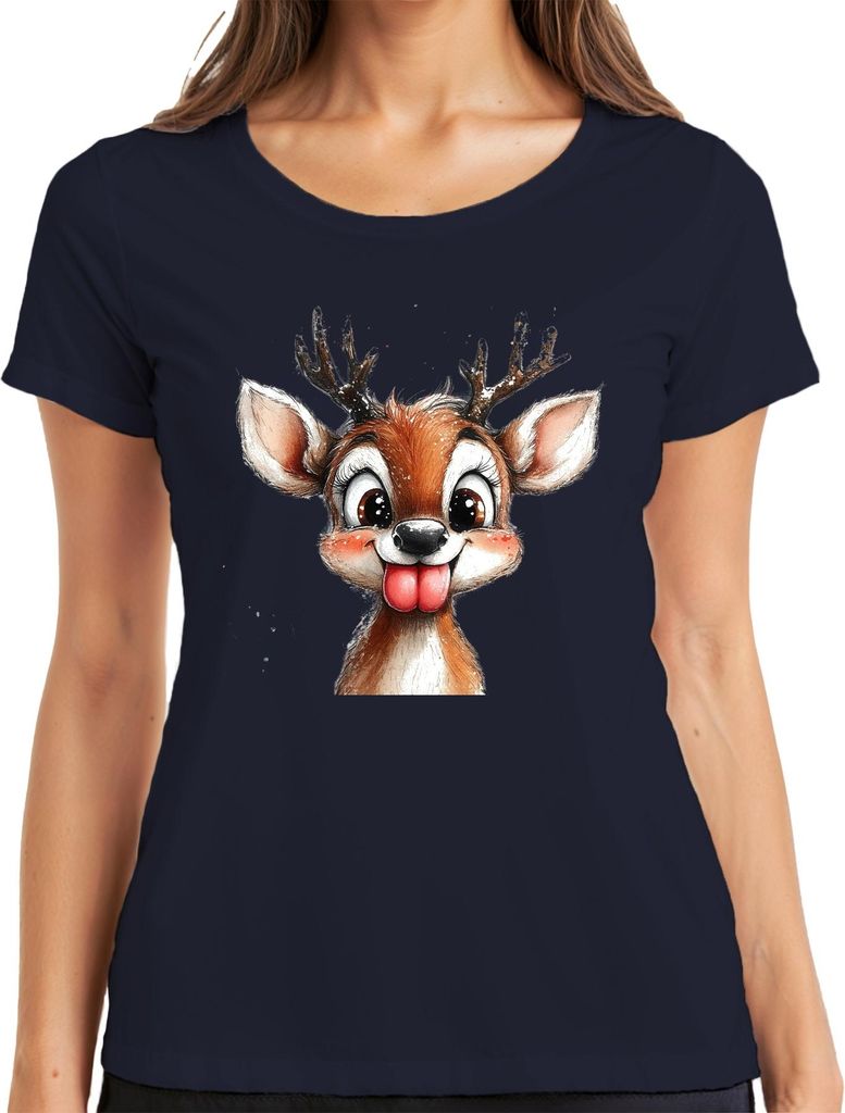 Rentier Frech Zunge raus Niedlich Weihnachten Kinder Retro Damen T-Shirt, Navy, M