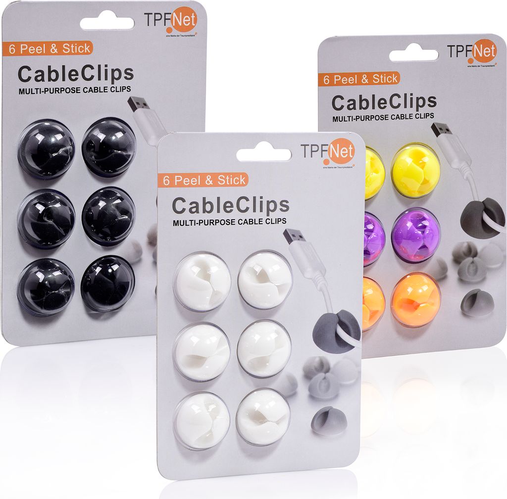 TPFNet 18er Pack (3x6 STÜCK) Cable Clip Kabelhalter Kabelmanager 6 Stück, 6x Weiß 6x Schwarz 6x Bunt