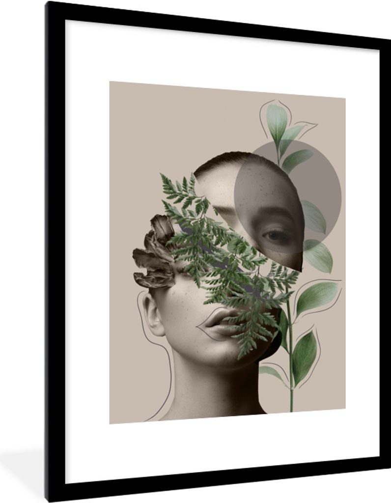 MuchoWow Gerahmtes Poster Frau - Pflanzen - Abstrakt - Grün 60x80 cm - Poster mit Schwarzem Bilderrahmen Wandposter Rahmen Foto Bilder - Wohnzim...