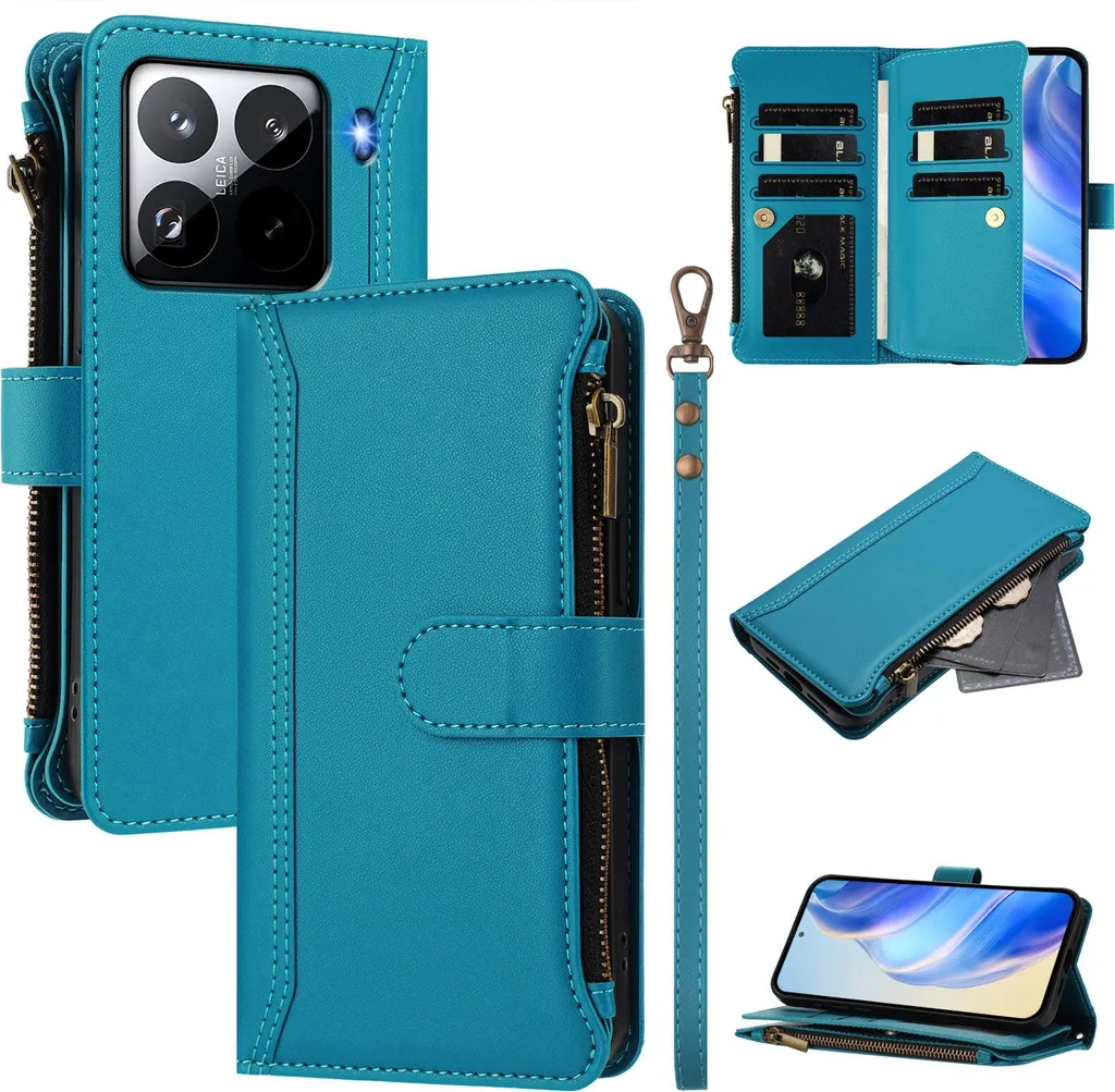 Cover Robusta Xiaomi 15 Pro Blu Lago Portafoglio con Laccetto