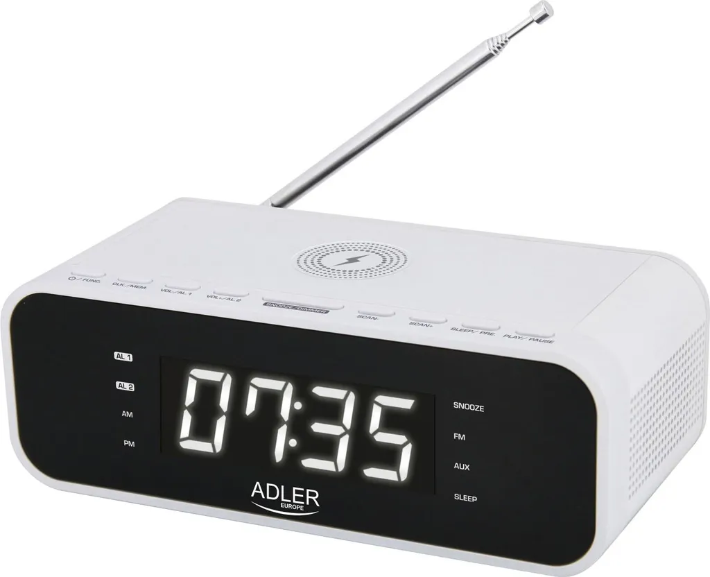Réveil de Table de Chevet Blanc Chargeur Téléphone Sans Fil Adler AD1192