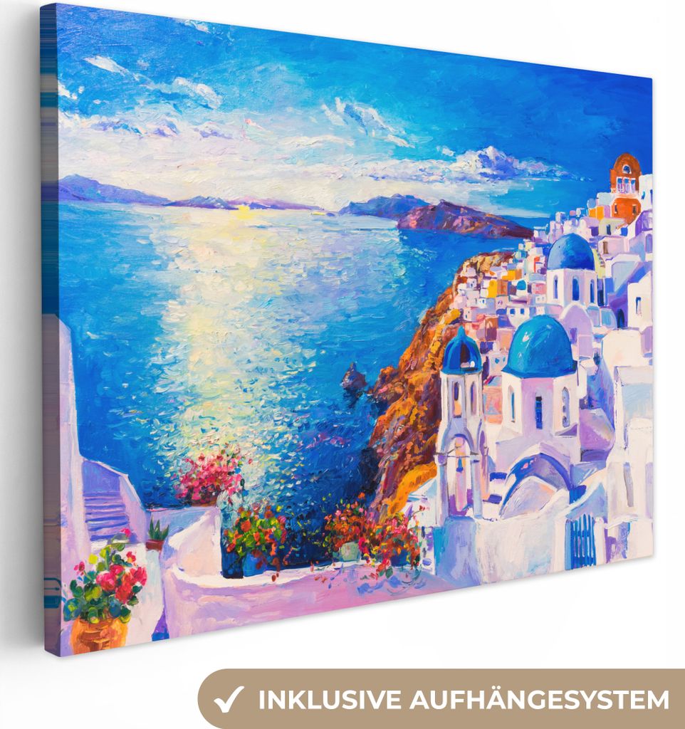 MuchoWow - Leinwandbilder - Malerei - Griechenland - Wasser - Öl, Wandbild, Wanddeko Bilder Wohnzimmer, 80x60 cm