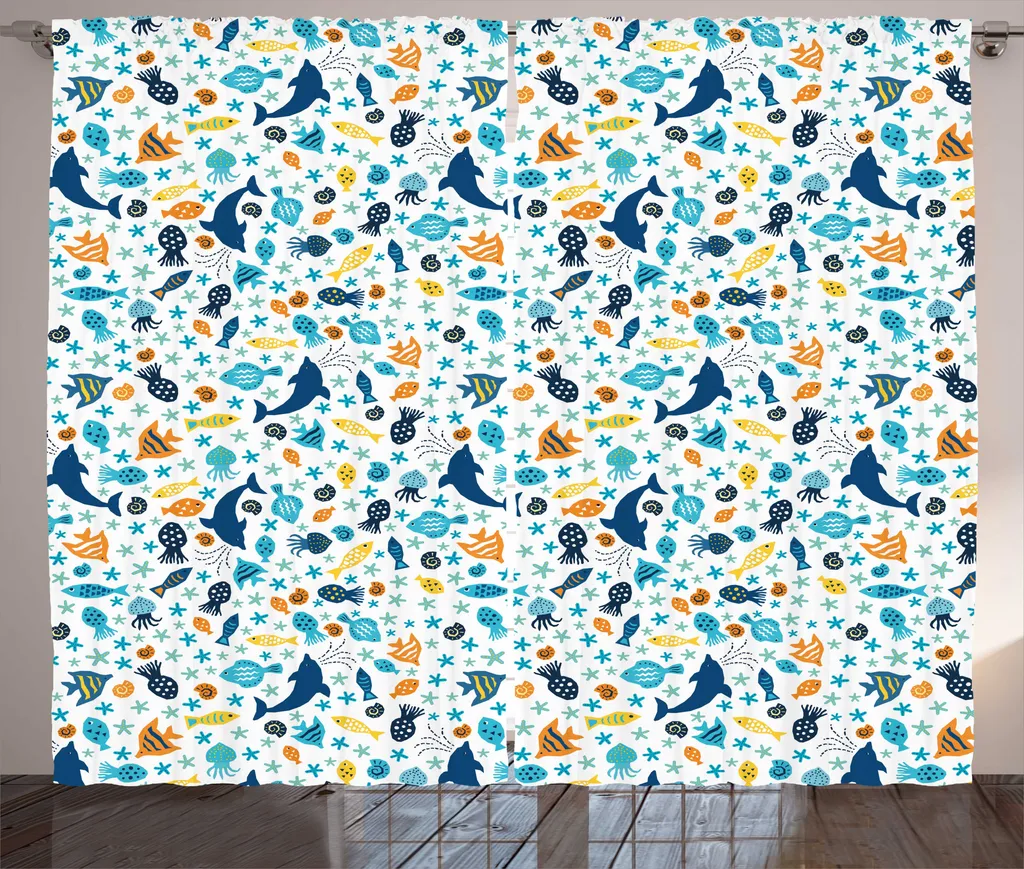 Rideaux pour grand salon thème bord de mer bleu ciel et souci 280 x 225 cm