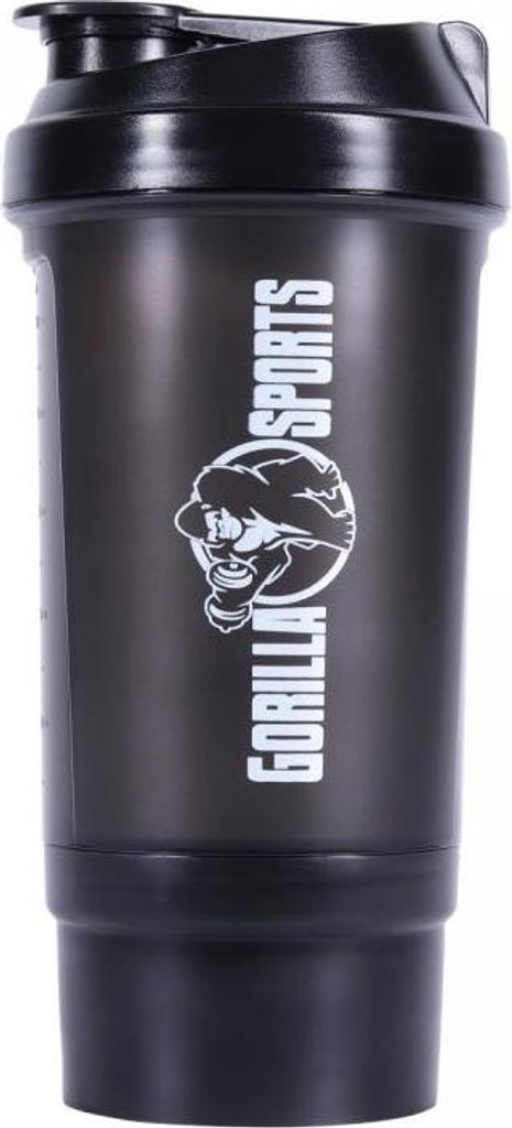 GORILLA SPORTS Protein Shaker - 500ml, mit Pulverfach und Sieb, BPA frei, für Cremige Klumpenfreie, Mikrowellen Geeignet, Schwarz - Proteinshake...