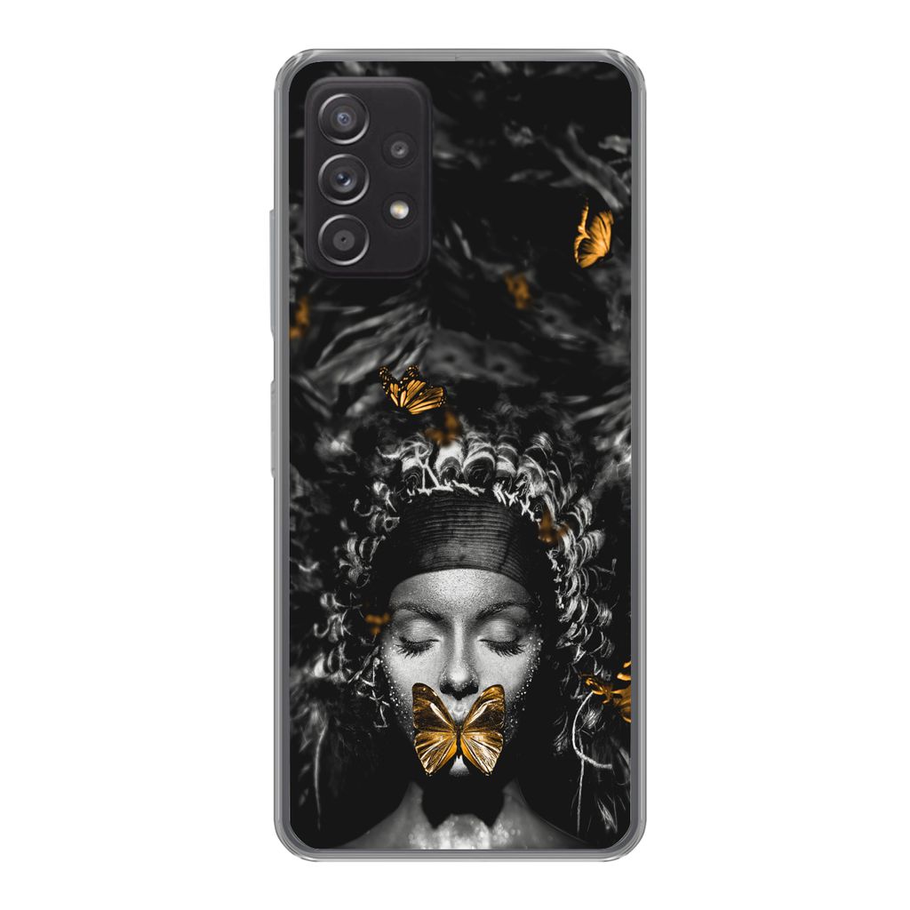 MuchoWow Handyhülle Schutzhülle Hülle für Samsung galaxy a73 Frau - Schmetterlinge - Schwarz - Weiß Silikon Softcase Handy Hülle - Handyhülle