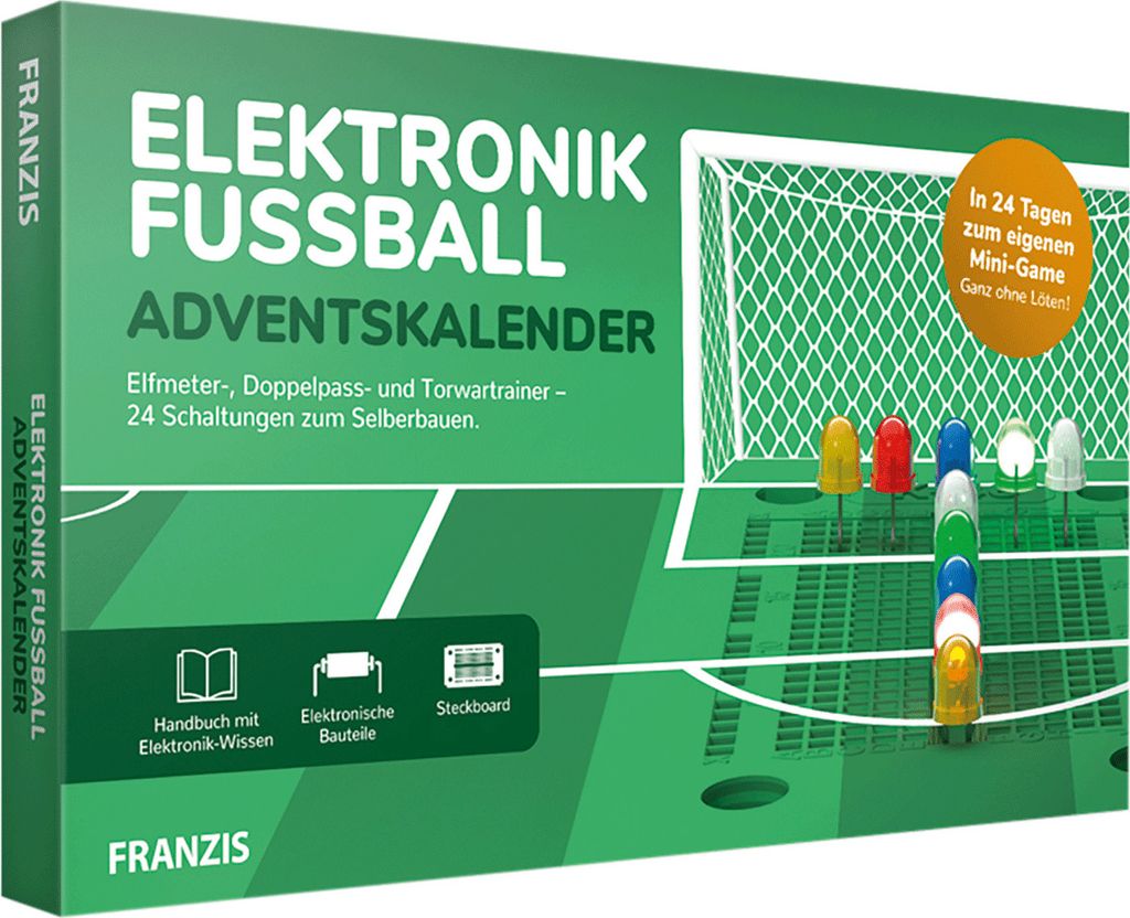 The image shows the packaging of an electronics football advent calendar, with a football field graphic and game pieces.