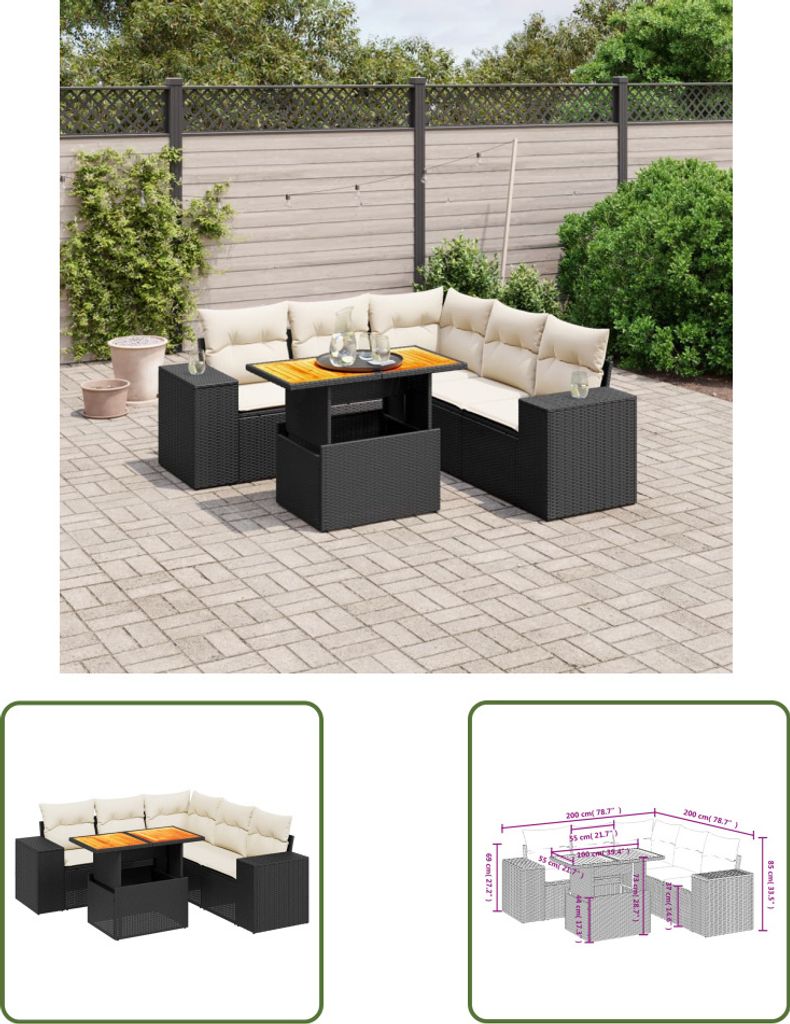 The Living Store 6-tlg. Garten-Sofagarnitur mit Kissen Schwarz Poly Rattan
