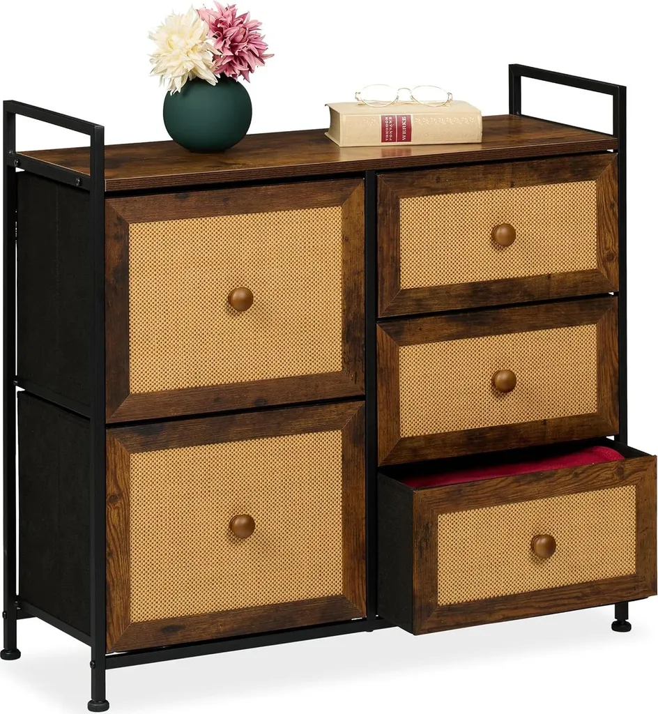 Ladekast Commode de Chambre avec 5 Tiroirs Style Industriel et Rotin