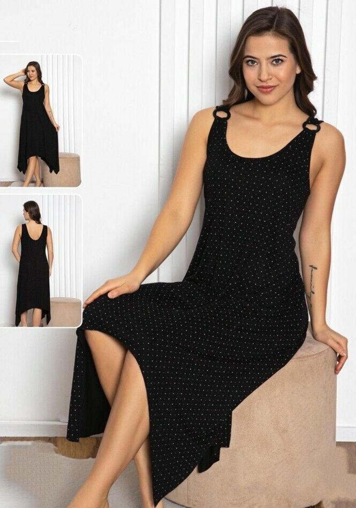 Damen Pyjama Schlafanzug Schwarz M Nachthemd Kleid Viskose Lang M-57