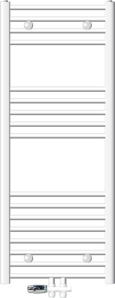 LuxeBath Badheizkörper Mittelanschluss 500 x 1200 mm Weiß gebogen mit Anschlussgarnitur für Heizkörper mit Thermostat Durchgang Boden, ohne Hei...