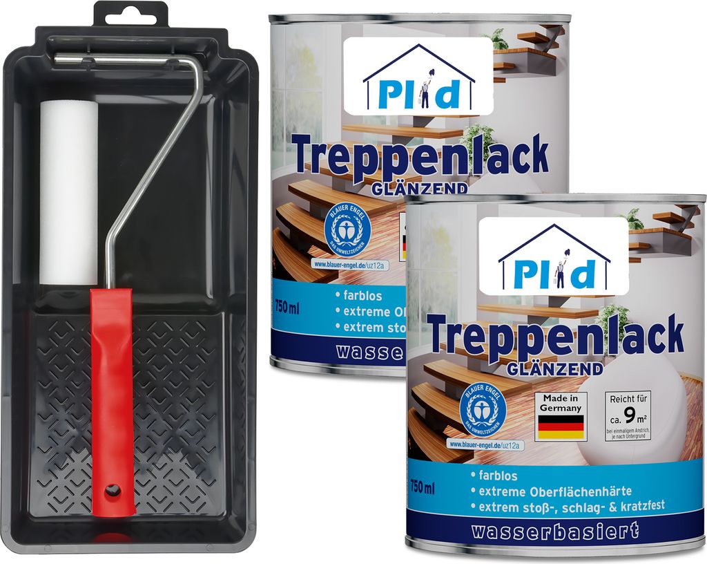 Plid Treppenlack 1,5L Farblos Glänzend für ca. 18m² + Anstreichset – Treppensiegel & Klarlack für Holztreppen, Parkett & stark beanspruchte...