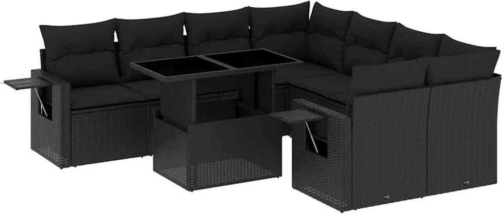 vidaXL 9-tlg. Garten-Sofagarnitur mit Kissen Schwarz Poly Rattan