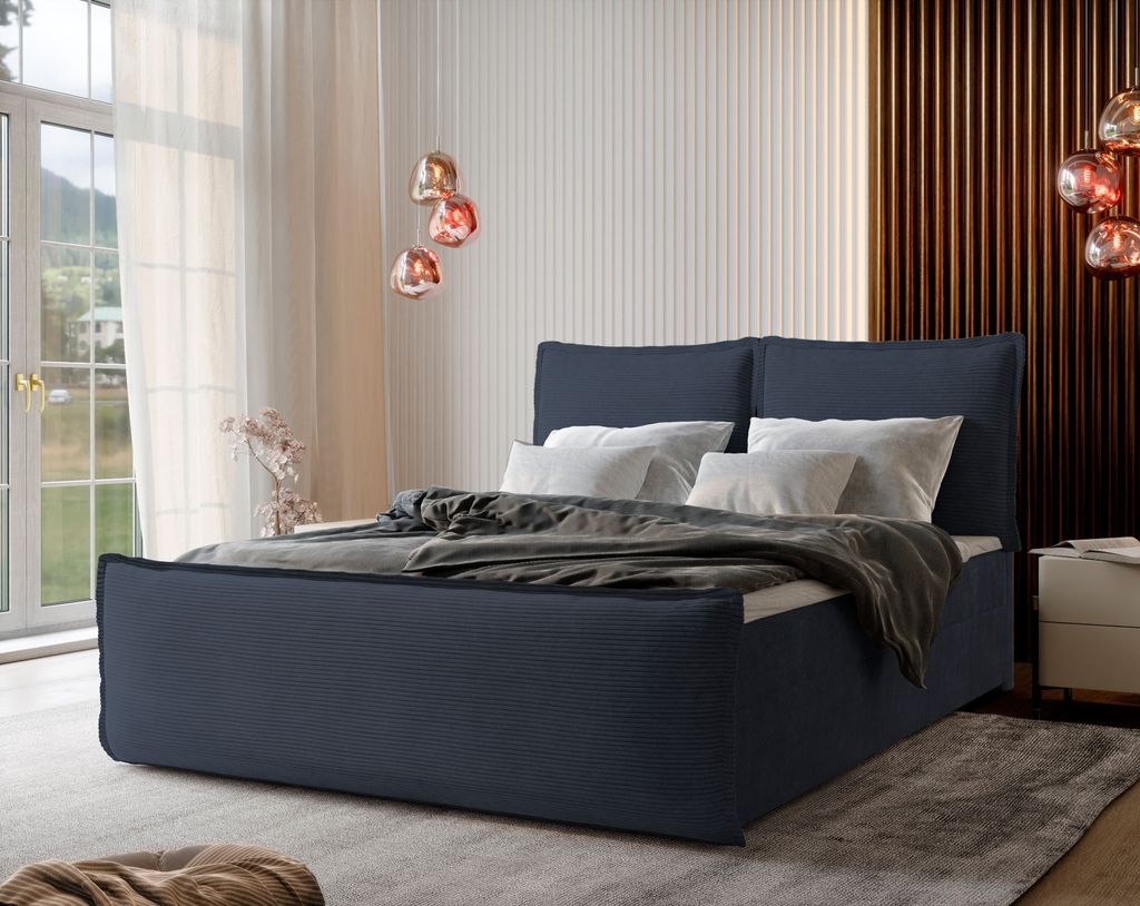 Masseno Boxspringbett MONTA 160x200 cm Komplett-Set mit Bonell Matratze und Topper, Polsterbett mit Bettkästen -Blau, LINCOLN 77