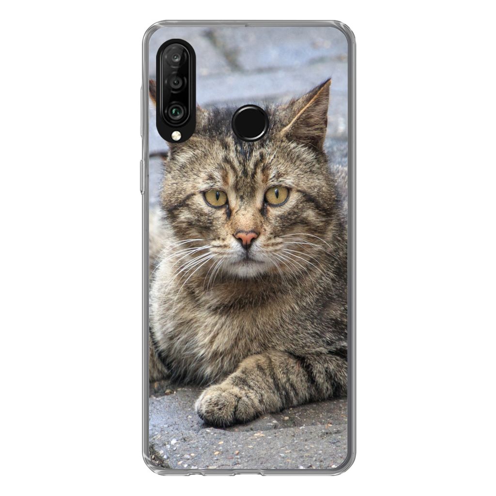 MuchoWow Handyhülle Schutzhülle Hülle für Huawei P30 Lite Katze - Tier - Braun - Mädchen - Kinder - Jungen - Kind Silikon Softcase Handy Hü...