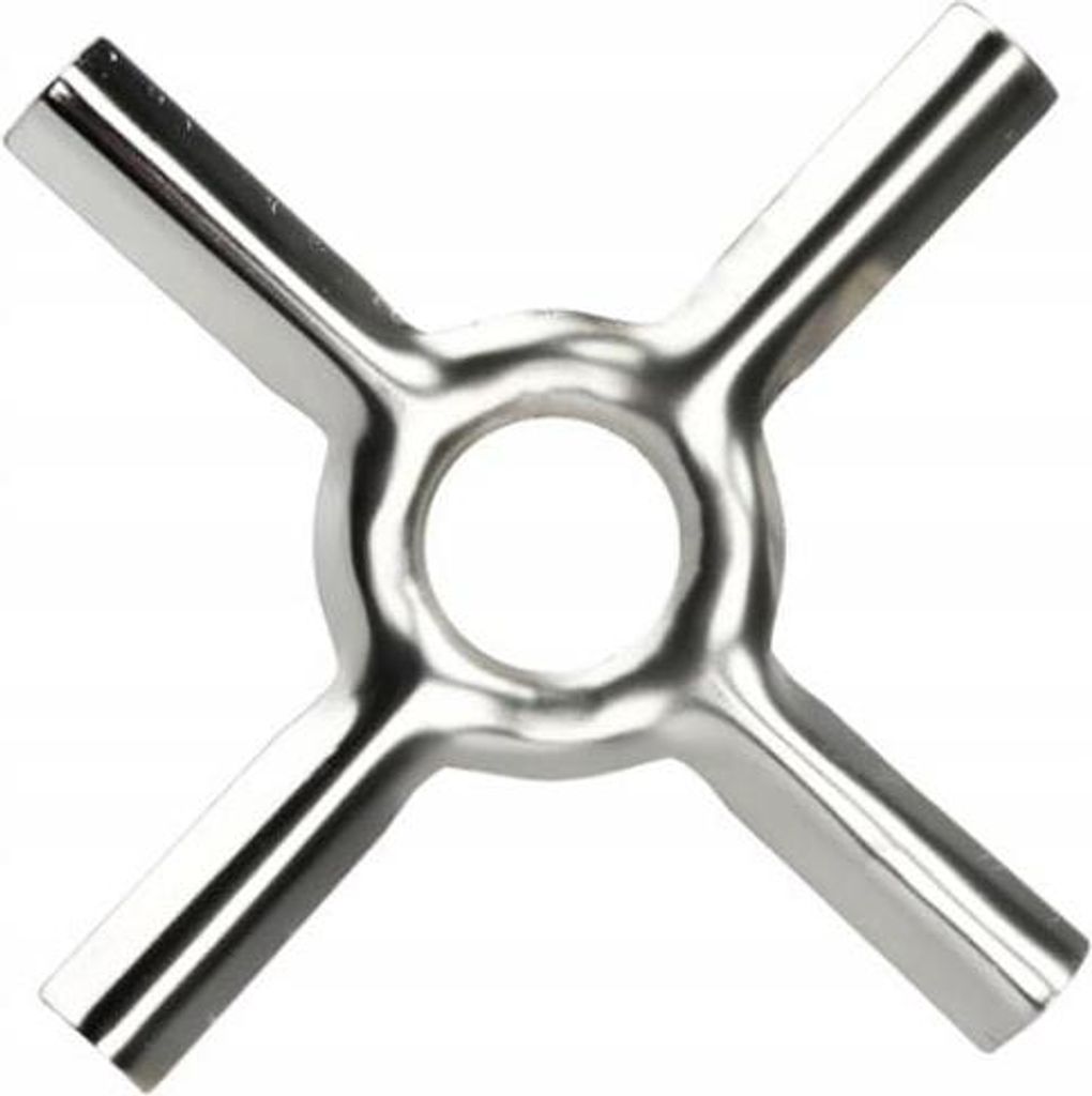 A silver-colored metal cross-shaped support with a central hole, likely for a gas stove.