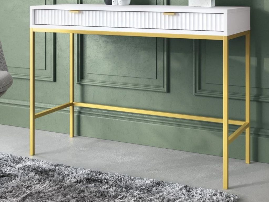 GrainGold Konsolentische Amber - Schminktisch mit Schubladen - Schlafzimmer Frisiertisch - Konsolentische Weiß mit Golden Beinen