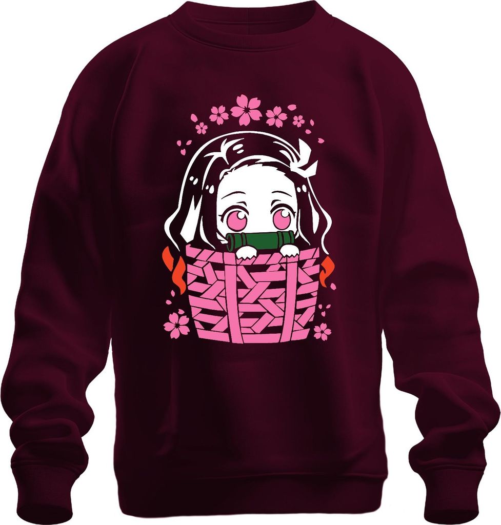 Nezuko Kimetsu No Yaiba Anime Kawaii Bambus Korb Sakura Geschenk Uni Sweatshirt Pullover, Burgundy, M