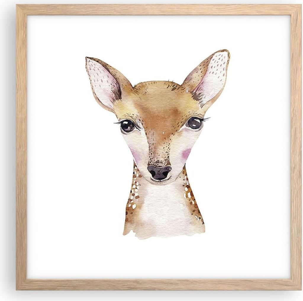 Gerahmtes Poster - Rahmen in heller Eiche - Damhirschkuh Grafiken Kinder - 40x40 cm - Wand Bild - Wanddeko - Wandbilder - Kunstposter - Wandposter ...