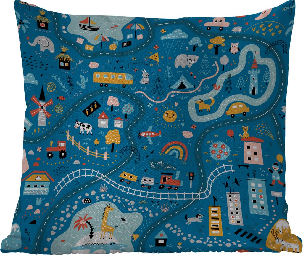 MuchoWow Outdoor Kissen - Kinder - Auto - Tiere - Blau - 50x50 cm - Wetterfest - Lounge Kissen - Komfortabel - Kissen mit Bild