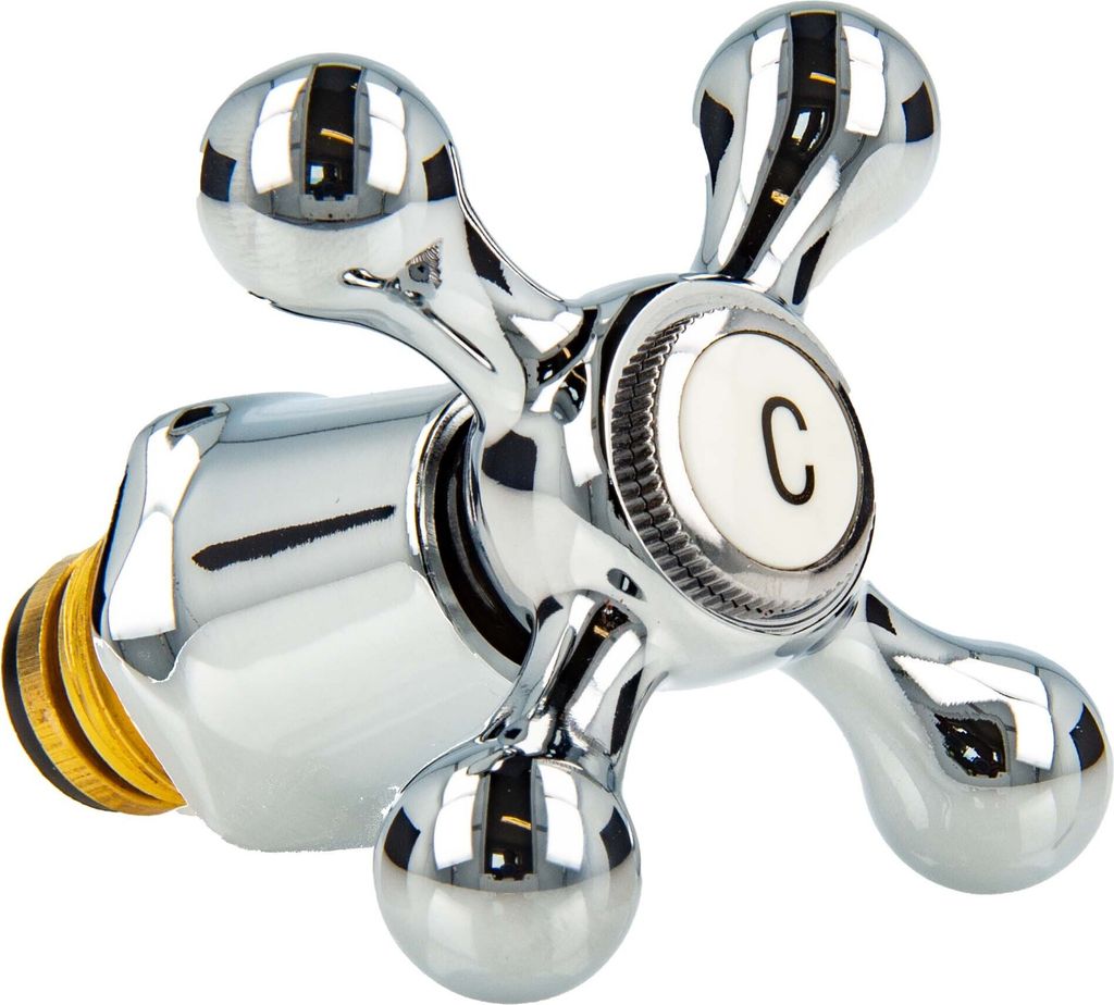 A close-up studio shot of a chrome faucet handle with a white insert labeled 'C' for cold.