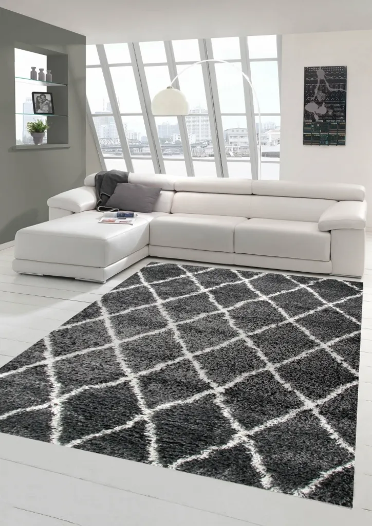 Tapis de salon chaud et cosy 200x290 cm motif losanges gris et crème