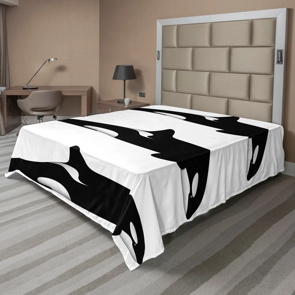 ABAKUHAUS Lenzuolo con animali marini, tre orche assassine, diverse illustrazioni in bianco e nero, lenzuolo morbido e confortevole per un letto decorativo, 1 pezzo, 266 cm x 260 cm, bianco e nero