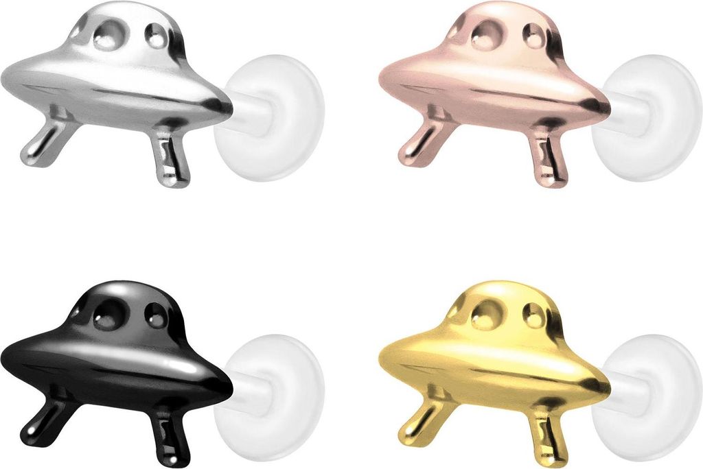 Ohrpiercing, Nasenpiercing PTFE Labret mit Innengewinde + Titan-Aufsatz UFO Gold Stablänge: 6mm | Stabstärke: 1,6mm