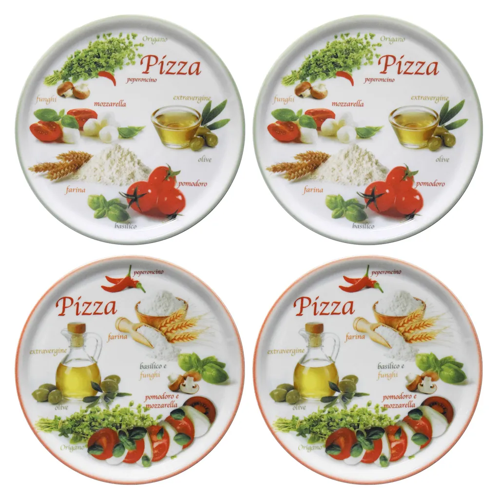 set di 4 piatti pizza Napoli Green & Red Ø 33,8 cm piatto XL in porcellana