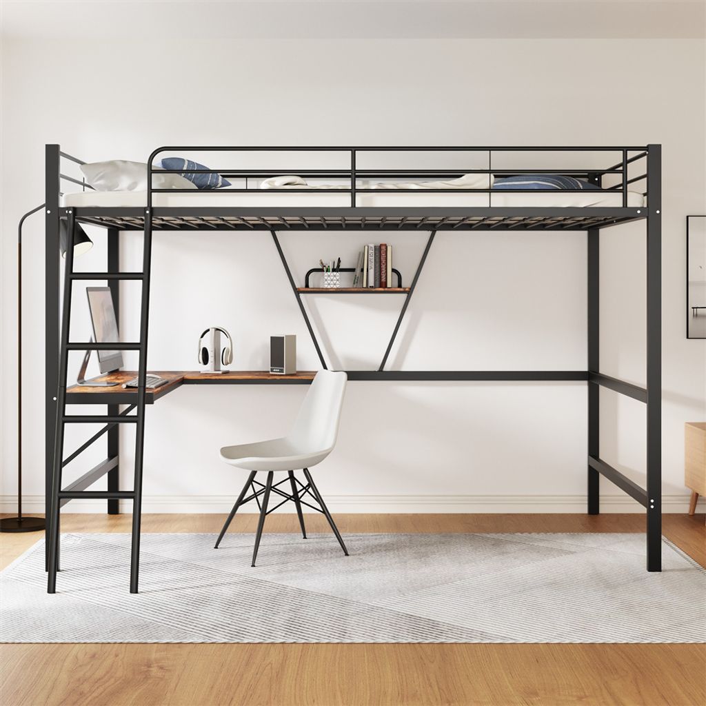 Etagenbett 90x200cm Bettgestell Metallbett, Eisenbett, Hochbett mit L- förmigem Schreibtisch und einem Regal für Kinder, Jugendliche