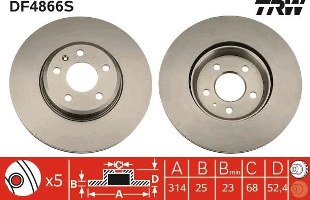 Paire de disques de frein ventilés TRW DF4866S pour Audi A4 et A5 8T