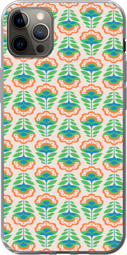 MuchoWow Handyhülle Schutzhülle Hülle für Telefoonhoesje iPhone 12 Pro Max Retro - Blumen - Design - Grün - Orange Silikon Softcase Handy H...
