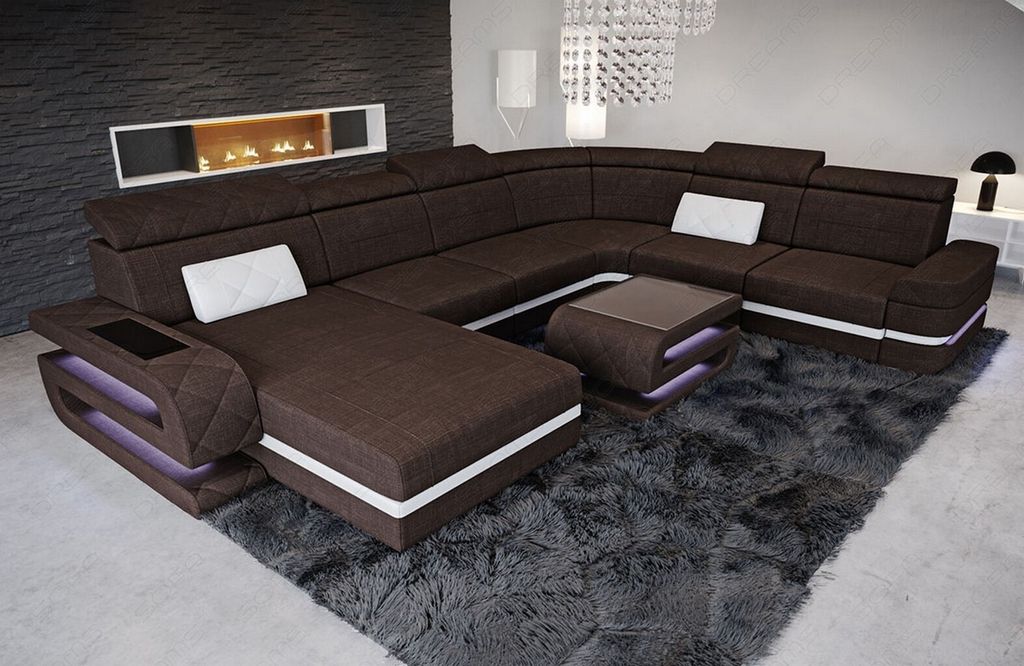 XXL Sofa Bologna Mini U Form Stoff mit Licht USB Webstoff Strukturstoff