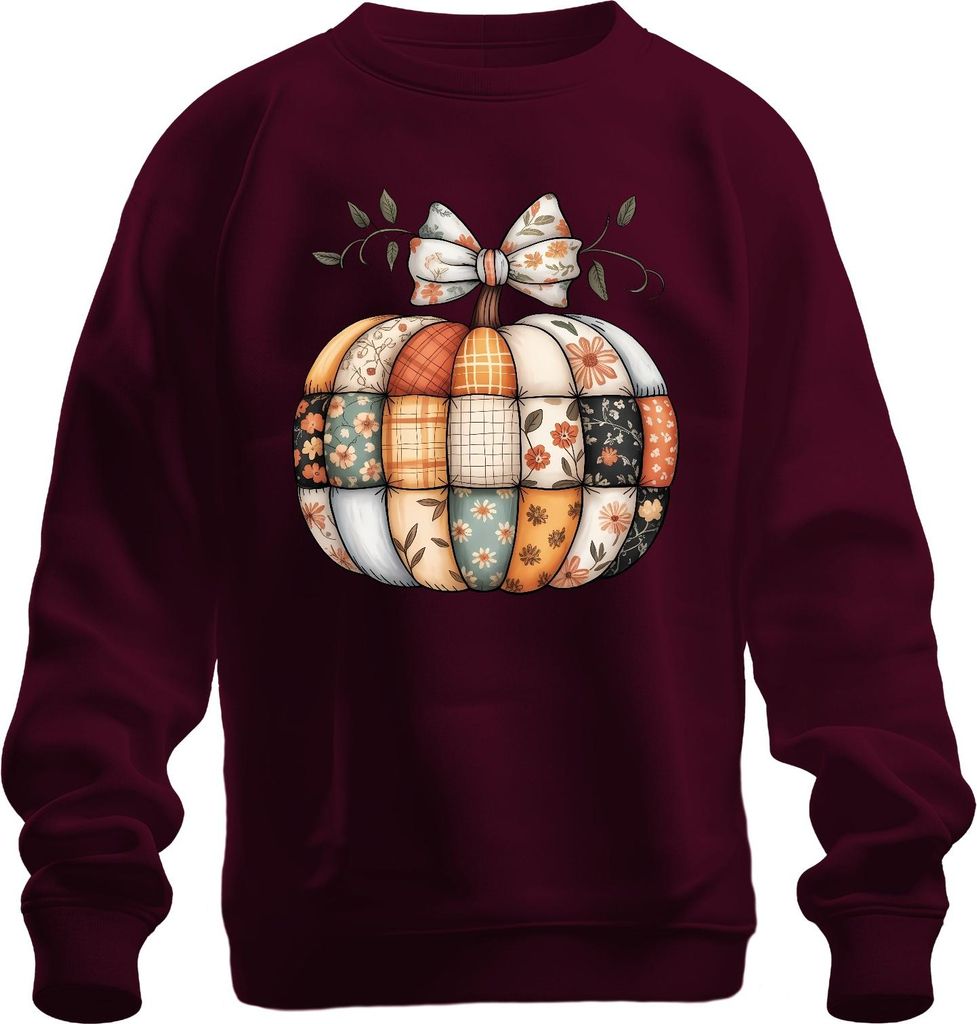 Patchwork Kürbis Herbst Boho Vintage Blumen Landhaus Shabby Chic Uni Sweatshirt Pullover, Burgundy, M