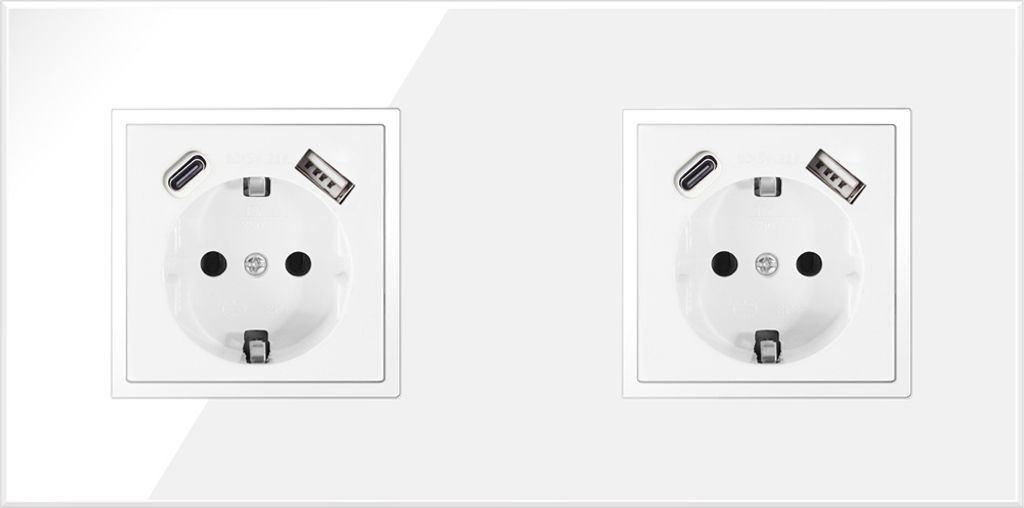 2-fach Steckdose + USB-A/C Weiß Komplett mit Glasrahmen Produktbild 