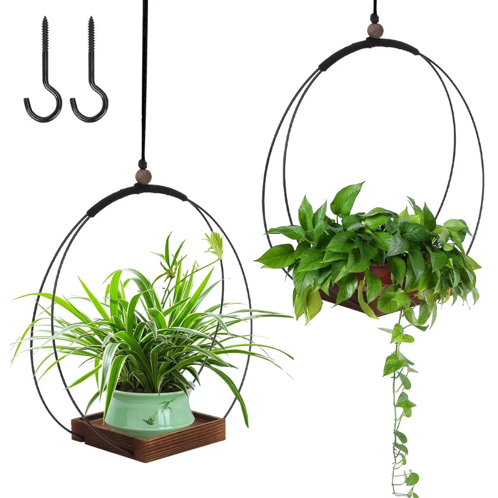 Jardinière suspendue bohème avec support bois pour petite plante - Noir1