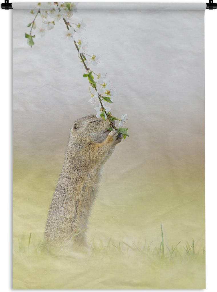 MuchoWow Wandteppich Wandbehang Frühling - Eichhörnchen - Blume 90x135 cm Tapisserie Dekoration Wandtuch - Baumwolle - Wandskulptur