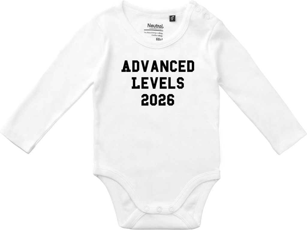 Huuraa Baby Body Advanced Levels 2026 Abschluss Großbritannien 80 White Baumwolle Fairtrade Langarmbody Geschenkidee