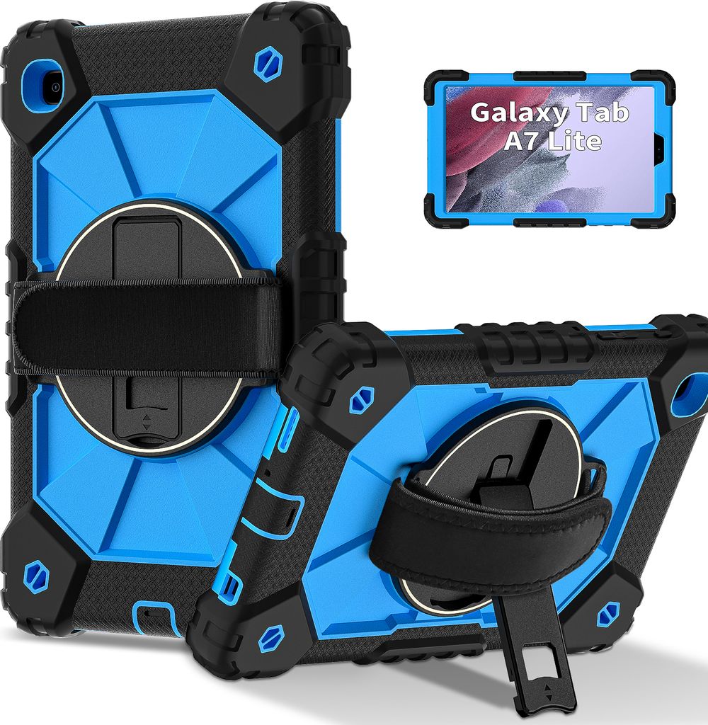 Hülle für Samsung Galaxy Tab A7 Lite 8,7" 2021 SM-T220/T225/T227 Tablette Schutzhülle Stoßfeste mit 360 Drehbarer Handschlaufe/Ständer Schwarz...