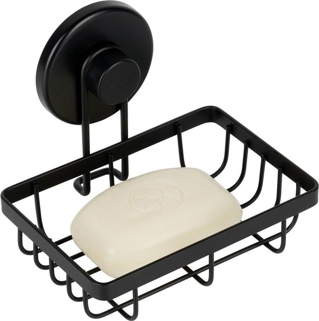 A black metal soap dish with a suction cup mount and a bar of soap inside, shown against a white background.