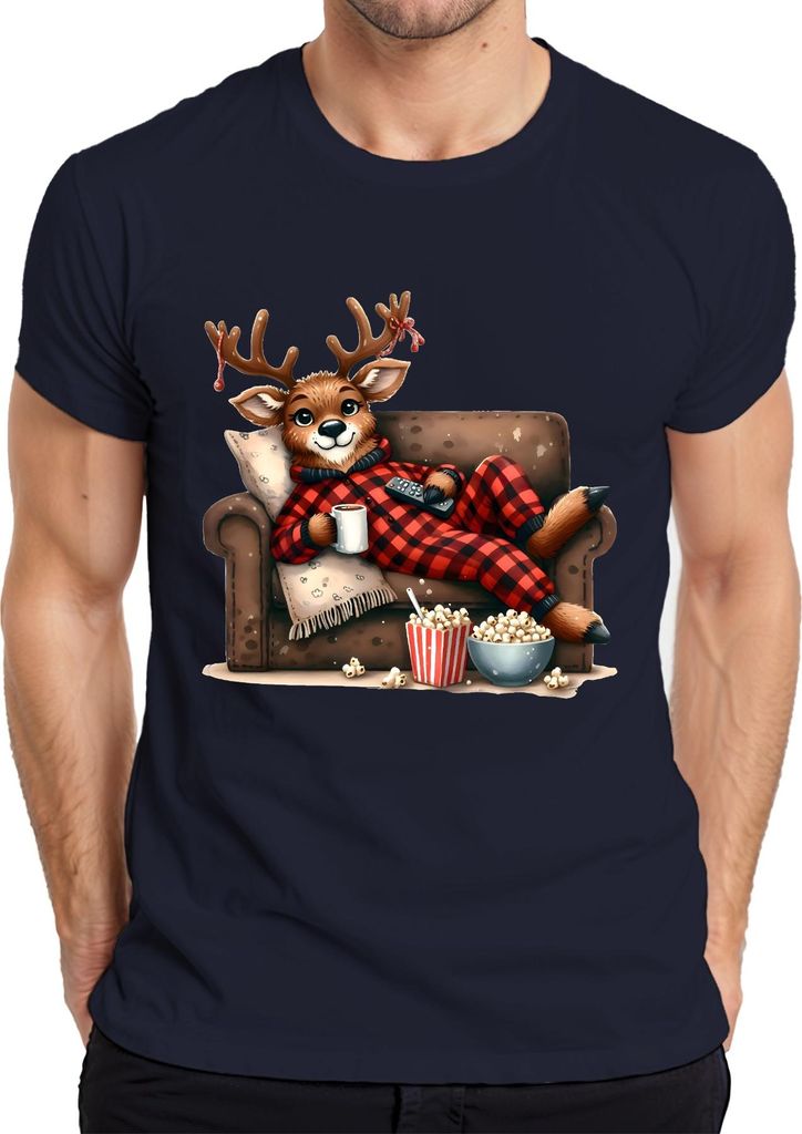 Faules Rentier Weihnachten Kinoabend Popcorn Pyjama Kuschelig Herren T-Shirt, Navy, S