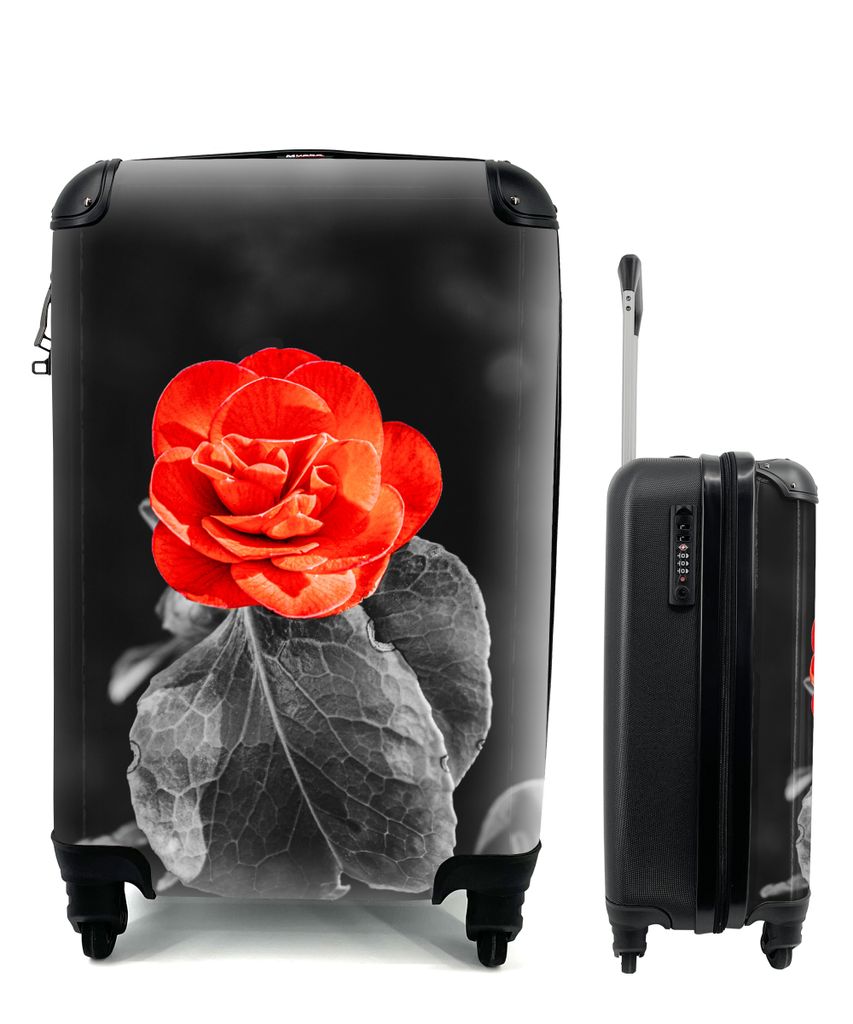 MuchoWow Koffer Handgepäck Trolley Rollkoffer Kleine Reisekoffer mit 4 Rollen - Blumen - Schwarz - Weiß - Rose - Rot - Cabin Size < 55x40x23 cm...