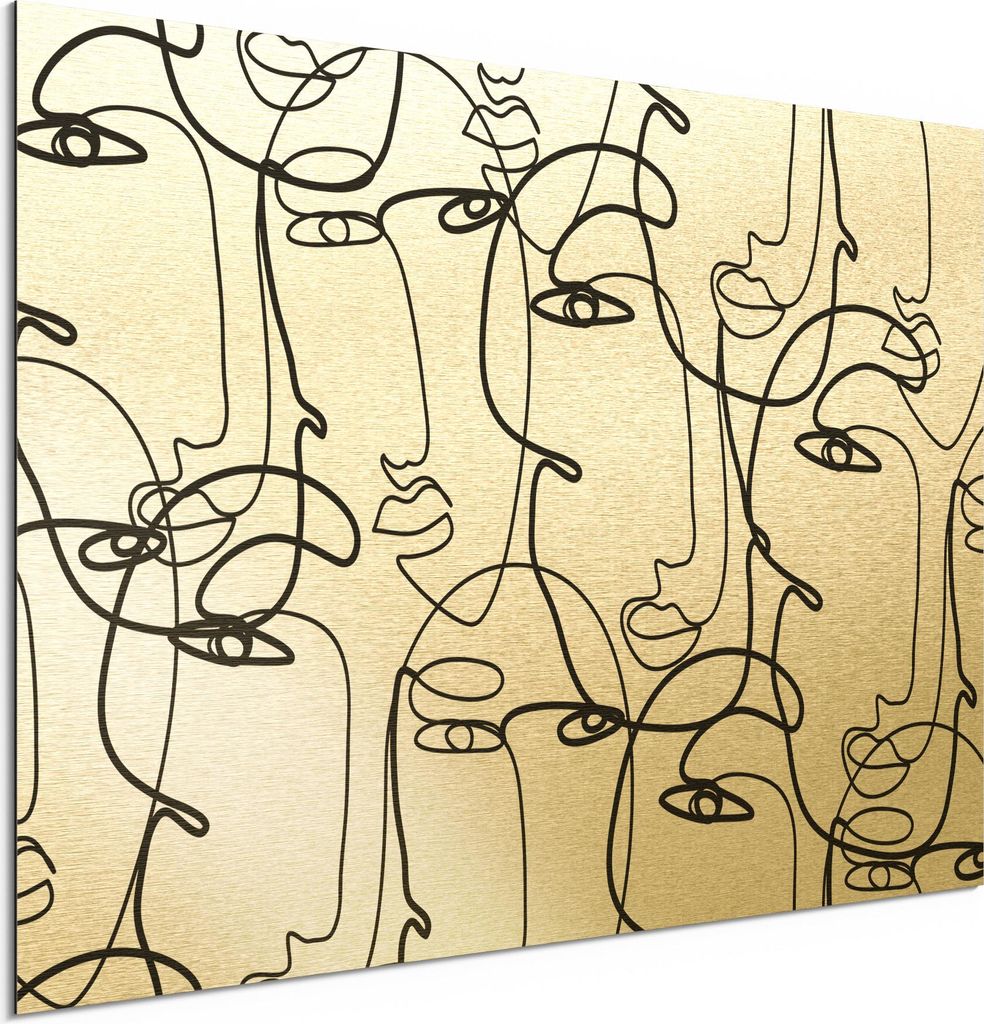 DEQORI Alu-Dibond Bild Gold 60x40 cm 'Linien formen Gesichter' Wandbild Metall dünn