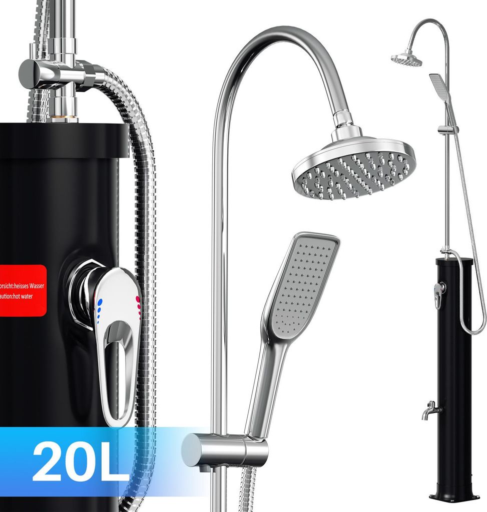 Faziango Solardusche 20L mit Wasserhahn & Halbsäule - Abdeckhaube, Drain Stop, Handbrause inkl. (Gartendusche, Pooldusche, Camping)