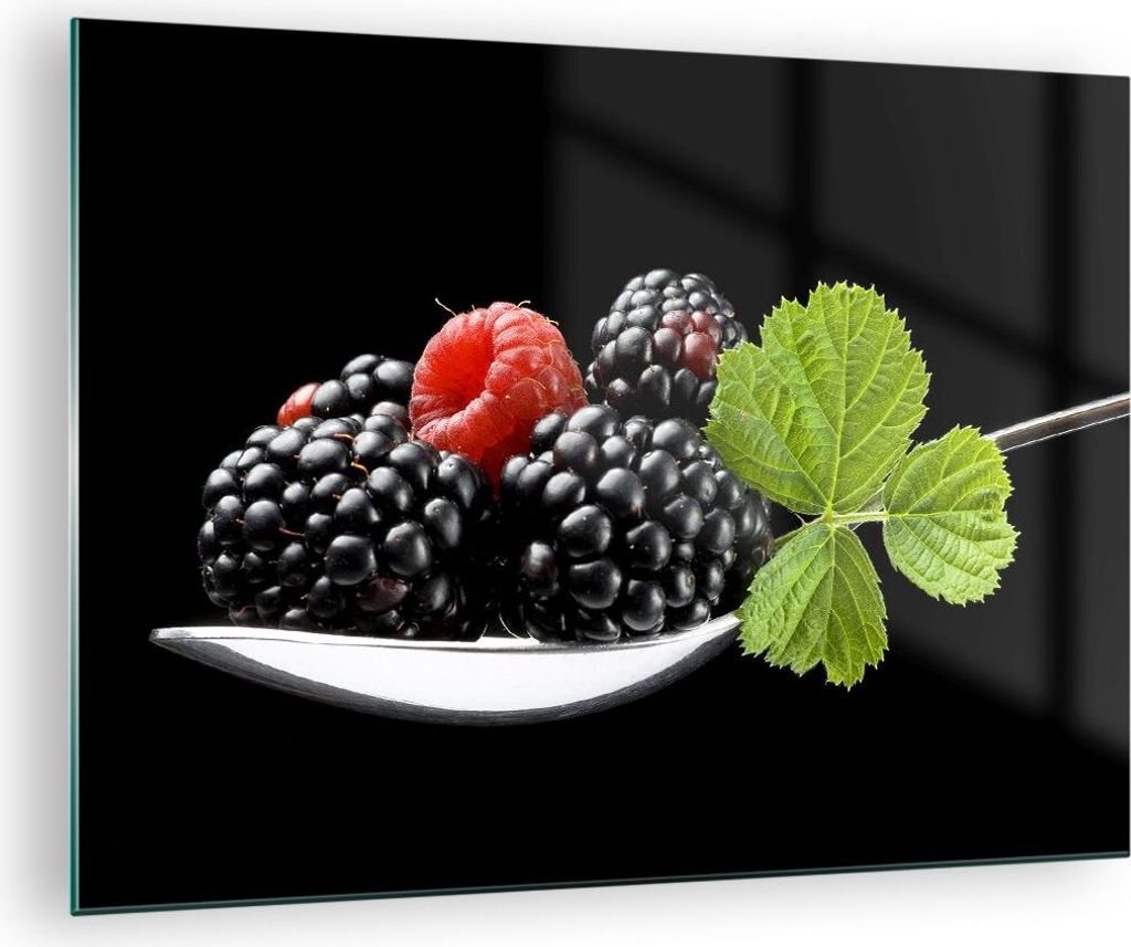 Bilder auf glas - Löffel Himbeere Brombeere Frucht - 70x50cm - Glasbilder - Wandbilder - Kunstdruck - zum Aufhängen bereit - Wanddekoration aus G...