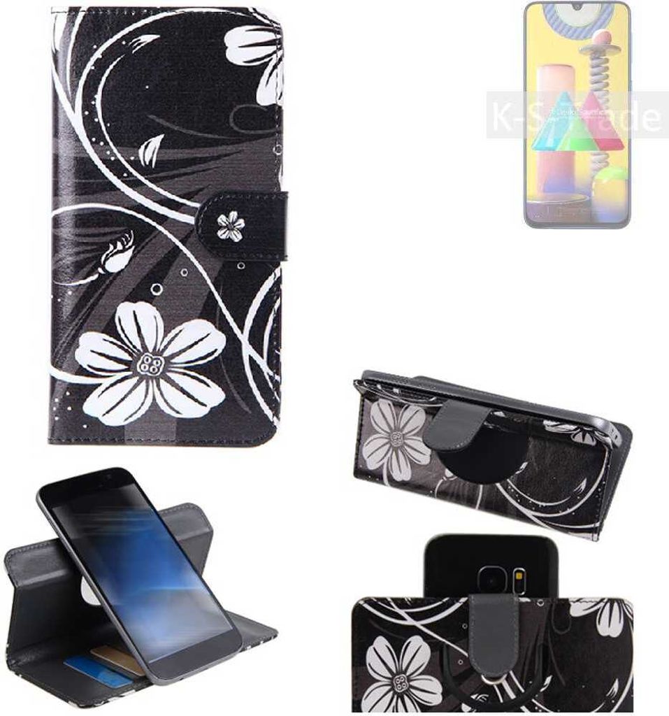K-S-Trade Schutzhülle Handyhülle kompatibel mit Samsung Galaxy M31 Hülle 360° Wallet Case ''Flowers'' Klapphülle Hülle schwarz-weiß 1x