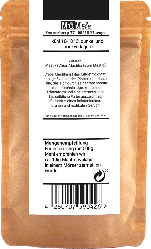 The image shows the back of a small brown paper packaging for a food product, with text and a barcode.